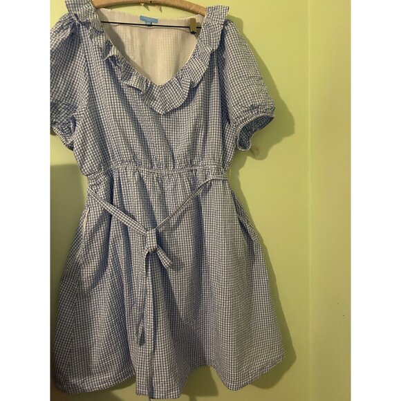 Draper James RSVP 3X Blue Gingham Ruffle V-Neck Belted Fit & Flare Dress Puff Sl - Picture 10 of 14